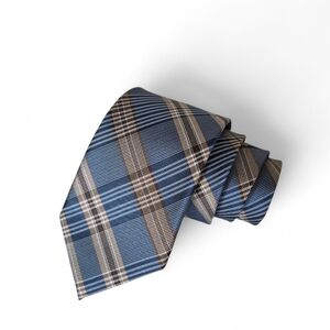 Kenneth Cole 100% Silk Long Tie Blue Brown Beige Plaid